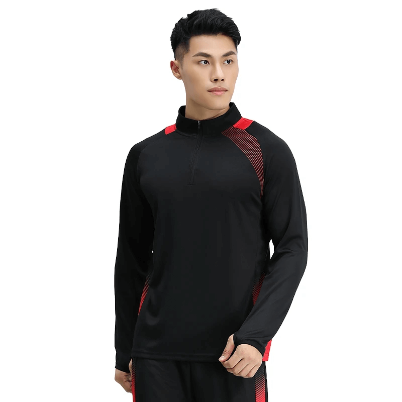 Men's Breathable Long Sleeves Zip Track Top - Athletic Pullover for Running with black and red design, enhancing performance.